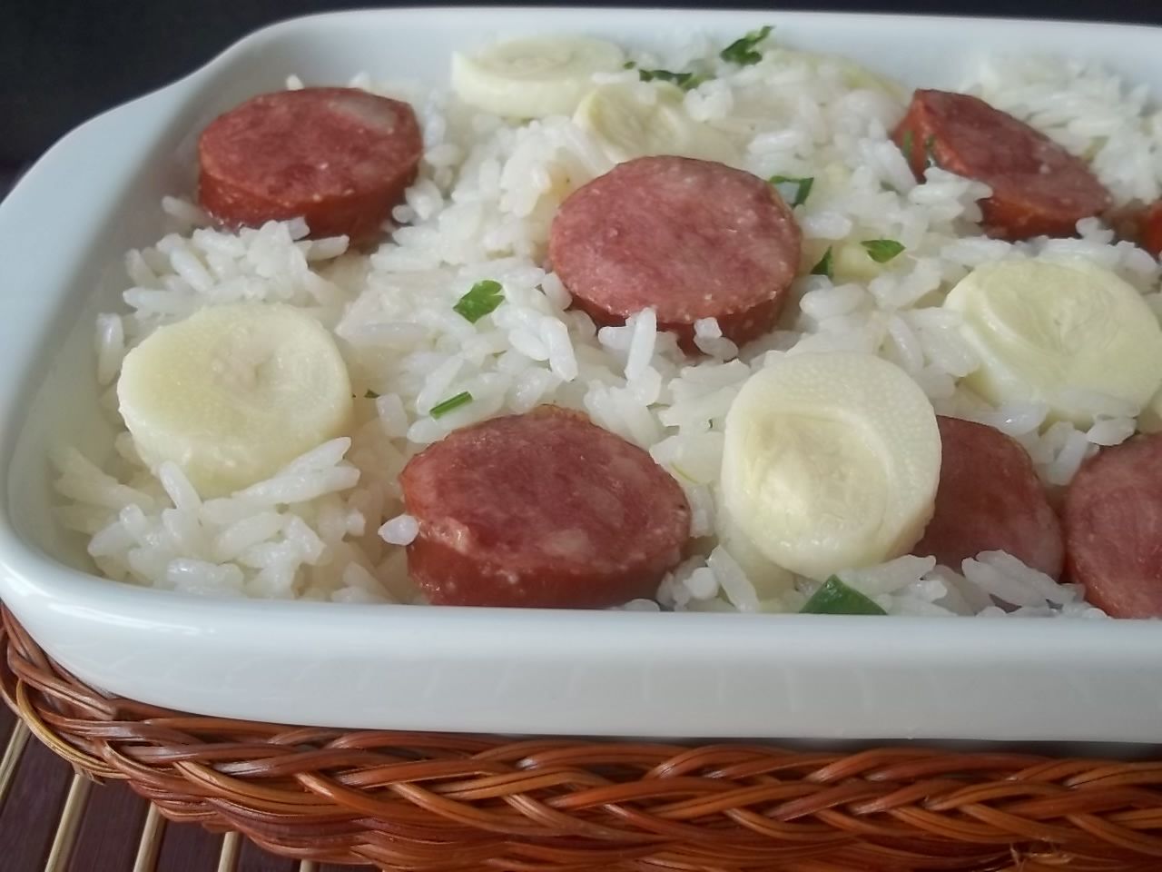 Arroz com palmito e calabresa