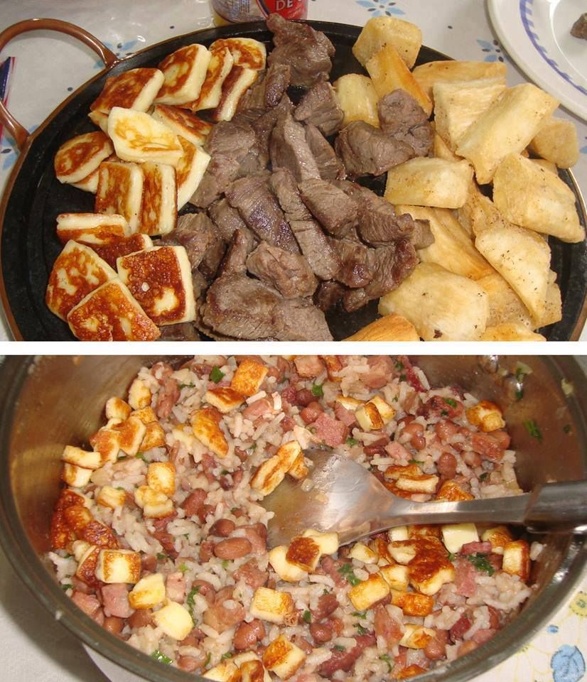 Baião de dois com carne de sol, aipim e queijo