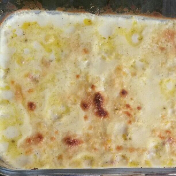 Creme de milho com queijo e palmito, gratinado