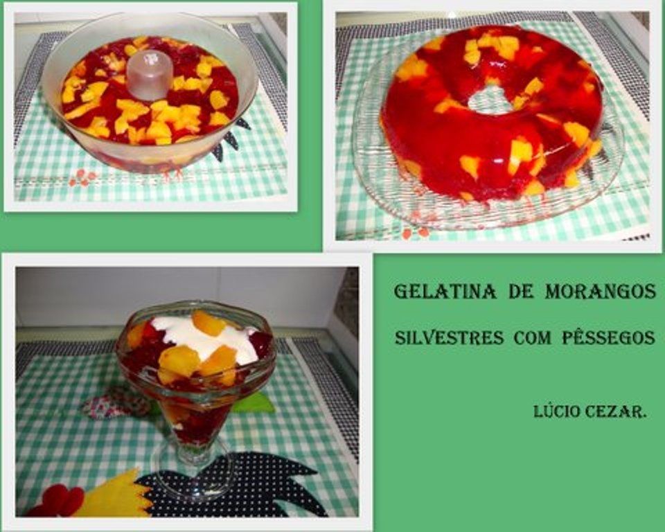 Gelatina de morangos silvestres com pêssegos