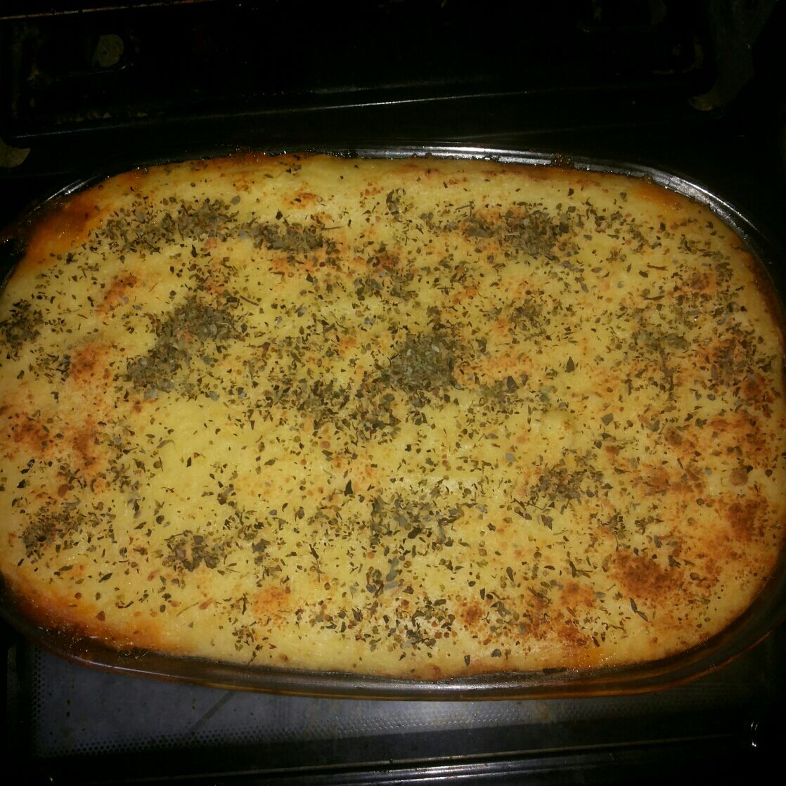 Macarrão de forno com purê de batata