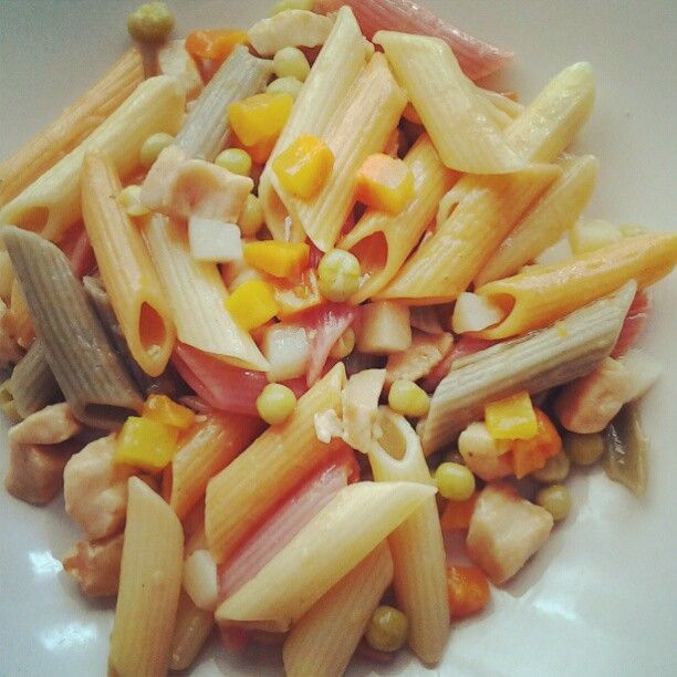 Penne de vegetais com frango e legumes