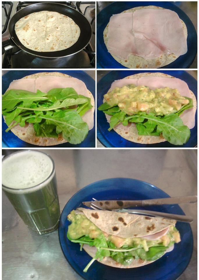 Wrap integral com rúcula, presunto magro e guacamole