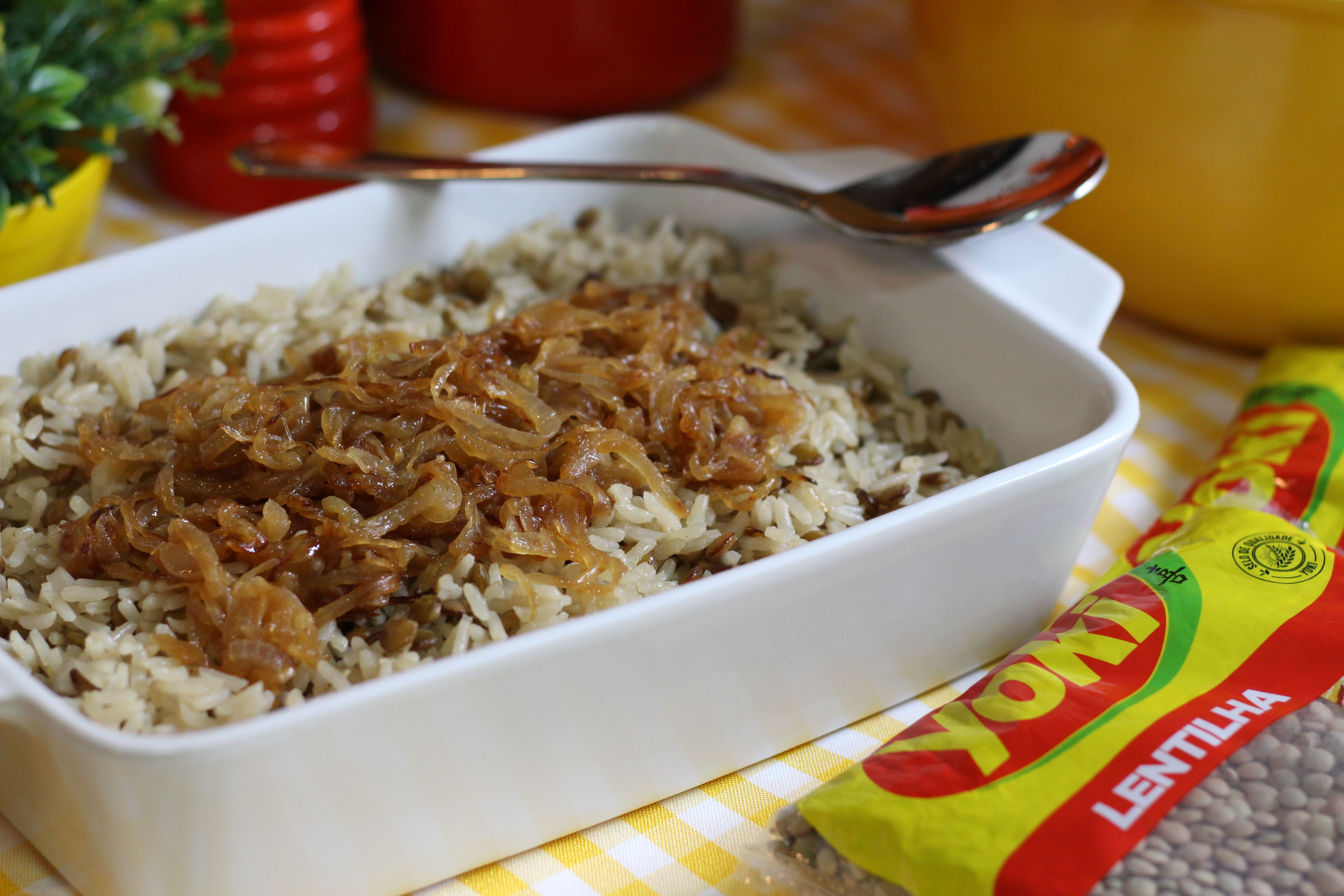 Arroz com Lentilha e Cebolas Caramelizadas